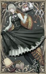  bad_id bad_pixiv_id black_gloves book cake candelabra candle candlestand collared_shirt commentary_request danganronpa_(series) danganronpa_v3:_killing_harmony dress female food frilled_sleeves frills gloves green_eyes hair_over_one_eye high_heels highres lamp maid_headdress necktie pantyhose pinafore_dress rug shirt short_hair silver_hair sleeveless sleeveless_dress smile solo tea tea_set tiered_tray tojo_kirumi tray xino 