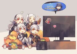  amiibo anocurry armor barefoot blonde_hair blue_cape blue_eyes blue_hair blush cape chibi chrom_(fire_emblem) commentary_request corrin_(female)_(fire_emblem) corrin_(fire_emblem) corrin_(male)_(fire_emblem) couch falchion_(fire_emblem) fingerless_gloves fire_emblem fire_emblem_awakening fire_emblem_fates gloves grey_hair hair_between_eyes hair_ornament hairband king_dedede kirby kirby_(series) long_hair lucina_(fire_emblem) nintendo_switch open_mouth pikachu pointy_ears pokemon pokemon_(creature) red_eyes robe robin_(female)_(fire_emblem) robin_(fire_emblem) robin_(male)_(fire_emblem) short_hair smile super_smash_bros. sword tiara twintails weapon white_hair 