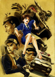  1980s_(style) 3boys absurdres acrylic_paint_(medium) av-98_ingram bad_id bad_pixiv_id black_eyes black_hair brown_hair car commentary_request falling female formal gotou_kiichi grey_eyes hat headset highres izumi_noa jacket kidou_keisatsu_patlabor looking_back mecha mixed_media motor_vehicle multiple_boys necktie oota_isao painting_(medium) pantyhose pencil_skirt photoshop_(medium) police police_car police_uniform policewoman retro_artstyle robot science_fiction see-through see-through_legwear shinohara_asuma short_hair skirt skirt_suit sleeves_rolled_up suit third-party_edit traditional_media uirina uniform 