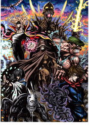  5boys absurdres ashitaka bad_id bad_pixiv_id black_hair blonde_hair boots brown_hair cabbie_hat cape checkered clenched_hands clenched_teeth coat colossus commentary company_connection creator_connection crossover demon drooling dual_wielding earrings electricity energy_sword facial_hair flying gloves glowing glowing_eyes haku_(sen_to_chihiro_no_kamikakushi) hat high_collar highres holding howl_(howl_no_ugoku_shiro) howl_no_ugoku_shiro jacket jacket_on_shoulders jewelry kaonashi kaze_no_tani_no_nausicaa kirby_dots kyoshinhei laputa_robot long_hair long_sleeves magic male_focus manly mask mononoke_hime monster moustache mr._duffi multiple_boys multiple_crossover muscular old old_man open_mouth pendant petals robot scarf sen_to_chihiro_no_kamikakushi sharp_teeth sheath shirt spikes stubble studio_ghibli sword takumi_(marlboro) teeth tenkuu_no_shiro_laputa torn_clothes torn_shirt weapon white_hair yupa 