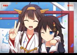  2girls :d ^_^ ahoge black_serafuku blue_eyes braid brown_hair closed_eyes commentary_request cuon_(kuon) hair_ornament hair_ribbon headgear kantai_collection kongou_(kancolle) long_hair multiple_girls nontraditional_miko one_eye_closed open_mouth recording remodel_(kantai_collection) ribbon school_uniform serafuku shigure_(kancolle) short_sleeves single_braid smile tress_ribbon v 