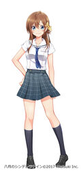  2017 arihara_tsubasa artist_request black_footwear black_socks blue_eyes blue_necktie brown_hair cinderella_series collarbone female full_body hachigatsu_no_cinderella_nine hair_between_eyes hair_ribbon hand_on_own_hip highres kneehighs long_hair looking_at_viewer miniskirt necktie noguchi_takayuki official_art pleated_skirt ribbon school_uniform shirt shoes short_sleeves simple_background skirt smile socks solo standing uniform white_background white_shirt yellow_ribbon 