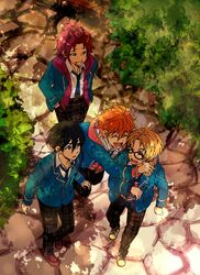  4boys akehoshi_subaru black_hair blonde_hair blue-framed_eyewear closed_eyes commentary_request ensemble_stars! from_above glasses hidaka_hokuto hug isara_mao jacket komatsu_matsuko male_focus multiple_boys necktie open_clothes open_jacket orange_hair pants pink_hair plaid plaid_pants school_uniform shoes sneakers trickstar_(ensemble_stars!) yumenosaki_school_uniform yuuki_makoto_(ensemble_stars!) 