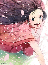  :d black_hair blue_eyes cherry_blossoms commentary_request female japanese_clothes kaguya-hime_no_monogatari kaguya_hime kimono long_hair looking_at_viewer morishita_makoto open_mouth petals running smile studio_ghibli taketori_monogatari very_long_hair 