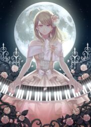  ahoge akamatsu_kaede alternate_costume backlighting bad_id bad_perspective bad_pixiv_id bare_shoulders blonde_hair blush bow bracelet collarbone commentary_request cowboy_shot danganronpa_(series) danganronpa_v3:_killing_harmony dress earrings eight_note_earrings eighth_note female fence fingernails flower full_moon glowing hair_flower hair_ornament highres instrument jewelry large_bow long_hair looking_at_viewer moon moonlight music musical_note musical_note_earrings nail_polish necklace night night_sky orange_dress outdoors piano piano_keys pink_bow pink_dress pink_flower pink_nails pink_rose plant playing_instrument playing_piano purple_eyes rose sky smile solo standing star_(sky) starry_sky swept_bangs thorns treble_clef tsurime vines xino 