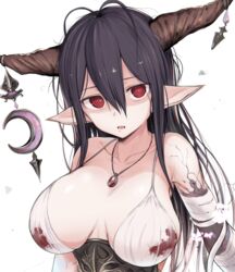  antenna_hair bad_id bad_pixiv_id bandages black_hair blood blood_on_clothes blood_on_dress breasts cleavage commentary_request danua draph dress female granblue_fantasy hair_between_eyes highres horn_ornament horns jewelry large_breasts long_hair looking_at_viewer makabe_gorou necklace open_mouth pale_skin pointy_ears red_eyes simple_background solo upper_body white_background 