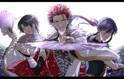  3boys akatsuki_(ensemble_stars!) bad_id bad_pixiv_id bandaged_arm bandages ensemble_stars! glasses green_hair hand_fan hasumi_keito japanese_clothes kanzaki_souma kiryu_kuro letterboxed looking_at_viewer male_focus multiple_boys purple_eyes purple_hair red_hair sayagata spiked_hair su_(113232) upper_body yellow_eyes 