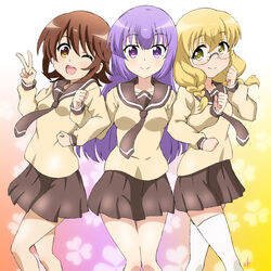  3girls blonde_hair braid brown_hair commentary_request glasses hayama_teru highres long_hair multiple_girls nishikawa_youko odagiri_futaba one_eye_closed purple_eyes purple_hair sansha_san&#039;you school_uniform serafuku short_hair twin_braids v vzmk2 yellow_eyes 