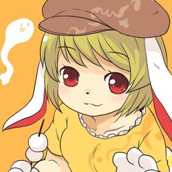  animal_ears beret blonde_hair commentary_request dango female floppy_ears food hat hitodama orange_background rabbit_ears red_eyes ringo_(touhou) short_hair solo toto_(hitori_othello) touhou wagashi 