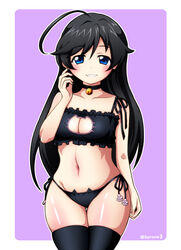  ass_visible_through_thighs bare_shoulders bell black_bra black_hair black_panties black_thighhighs blue_eyes blush bra breasts cat_cutout cat_ear_panties cat_lingerie choker cleavage cleavage_cutout clothing_cutout collar commentary_request female frilled_bra frills girls_und_panzer isuzu_hana jingle_bell kurono large_breasts long_hair looking_at_viewer meme_attire navel neck_bell panties side-tie_panties smile solo stomach thigh_gap thighhighs thighs twitter_username underwear underwear_only 