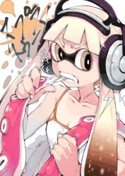  bad_id bad_pixiv_id biting biting_hair breasts camisole cleavage collarbone female headphones inkling inkling_girl inkling_player_character kamaboko_(ossann0125) long_hair mouth_pull oerba_yun_fang pink_hair pointy_ears short_hair_with_long_locks sidelocks small_breasts solo spaghetti_strap splatoon_(series) splatoon_1 tentacle_hair 