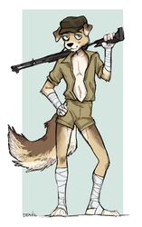  benelli canid canine canis clothing daven_(dado463art) denyok domestic_dog femboy floppy_ears green_eyes hat headgear headwear hi_res m1014 male mammal military slim smile smirk solo 