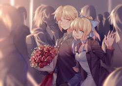  2girls absurdres artoria_pendragon_(fate) black_gloves blonde_hair blush bouquet breasts chinese_commentary commentary_request crowd dress embarrassed fate/apocrypha fate/stay_night fate_(series) flower formal gloves hair_between_eyes hand_up highres holding holding_bouquet incest jacket long_hair looking_at_viewer mackintosh_rose mordred_(fate) mordred_(fate/apocrypha) mother_and_daughter multiple_girls open_clothes open_jacket open_mouth parted_bangs parted_lips ponytail red_flower red_rose rose saber_lily sidelocks small_breasts smile suit teeth tuxedo upper_body white_dress yorukun yuri 