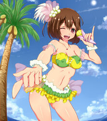  ball beach bikini brown_hair cameltoe female flower hair_flower hair_ornament jewelry necklace p-chan_(mitsuta52) pink_eyes short_hair smile solo swimsuit takamiya_nasuno teekyuu tennis_ball wink 