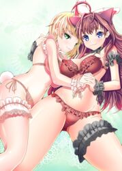  2girls animal_ears bad_id bad_pixiv_id blonde_hair blue_eyes bra breasts bridal_garter brown_hair cat_ears commentary_request crow_(crowatelier) fake_animal_ears frilled_bra frills green_eyes holding_hands ichinose_shiki idolmaster idolmaster_cinderella_girls interlocked_fingers large_breasts lazy_lazy_(idolmaster) long_hair looking_at_viewer medium_breasts miyamoto_frederica multiple_girls panties rabbit_ears short_hair side-tie_panties smile underwear underwear_only 