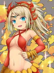  blonde_hair blue_eyes bracelet breasts commentary_request criss-cross_halter detached_sleeves echidna_(p&amp;d) female hair_ornament halterneck highres jewelry long_hair long_sleeves looking_at_viewer medium_breasts midriff navel open_mouth puzzle_&amp;_dragons solo tiara upper_body uumaru 