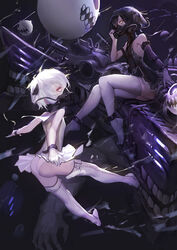  2girls abyssal_ship abyssal_twin_princess_(black) abyssal_twin_princess_(white) anklet arm_at_side arm_strap armlet ass bad_bcy_id bad_id black_dress black_hair breasts dress elbow_gloves flat_chest gloves glowing glowing_eyes gods_(1073337800) hair_between_eyes hand_to_head headgear highres jewelry kantai_collection looking_at_viewer machinery medium_breasts multiple_girls no_pupils oxygen_mask panties pantyshot short_dress short_hair single_elbow_glove sitting sleeveless sleeveless_dress standing thighhighs underwear upskirt weapon white_hair white_legwear white_panties yellow_eyes 