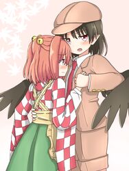  2girls :o :| annoyed bell bird_wings black_wings blush brown_hair brown_headwear brown_jacket brown_shorts cabbie_hat closed_mouth collared_shirt commentary dadamori flat_cap flat_chest flat_chest_grab forbidden_scrollery grabbing hair_bell hair_ornament hat height_difference jacket leaf_print meiji_schoolgirl_uniform motoori_kosuzu multiple_girls necktie orange_hair pointy_ears red_eyes red_necktie shameimaru_aya shameimaru_aya_(newsboy) shirt short_hair shorts suit_jacket touhou v-shaped_eyebrows wavy_mouth wings yuri 