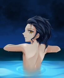  1boy bad_id bad_pixiv_id blue_hair halilmyo inazuma_eleven_(series) inazuma_eleven_go looking_back male_focus solo topless_male tsurugi_kyousuke water wet yellow_eyes 