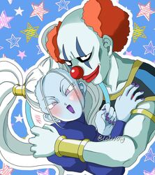  1boy :d angel_(dragon_ball) armlet black_eyes blue_background blush bracelet bracer c: closed_mouth clown clown_nose collarbone couple deity dragon_ball dragon_ball_super facial_mark female grey_skin hakaishin hands happy head_tilt highres hug interspecies jewelry lavender_eyes lips lipstick long_hair long_sleeves looking_at_viewer makeup marcarita_(dragon_ball) nail_polish neck open_mouth orange_hair outline pale_skin puffy_long_sleeves puffy_sleeves purple_lipstick purple_nails short_hair smile star starry_background straight twintails universe_11_(dragon_ball) upper_body vermoud white_hair white_outline white_skin 