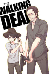  2boys blue_eyes brown_hair bubux carl_grimes copyright_name facial_hair family father_and_son gun hat lolicon male multiple_boys rick_grimes simple_background stubble text the_walking_dead weapon white_background 