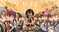  6+girls ahoge akebono_(kancolle) animal animal_on_head arashi_(kancolle) arashio_(kancolle) arm_warmers asashio_(kancolle) ascot bell black_hair blonde_hair brown_hair captain_america:_civil_war captain_america_(series) check_translation closed_eyes commentary cosplay crab crossed_arms double_bun fingerless_gloves flower food gloves grey_hair hagikaze_(kancolle) hair_bell hair_bobbles hair_bun hair_flower hair_ornament hair_ribbon hairband hand_on_own_hip iron_man iron_man_(cosplay) jingle_bell kantai_collection kashiwa_mochi_(food) kodomo_no_hi leaf maikaze_(kancolle) marvel marvel_cinematic_universe michishio_(kancolle) multiple_girls necktie nowaki_(kancolle) oboro_(kancolle) on_head ooshio_(kancolle) parted_bangs purple_hair remodel_(kantai_collection) ribbon saiguchi_otoufu sakura_mochi sazanami_(kancolle) scarf school_uniform sendai_(kancolle) serafuku spider-man spider-man_(cosplay) suspenders translation_request twintails ushio_(kancolle) wagashi 