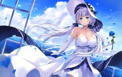  :o azur_lane bare_shoulders bird black_bow black_hair blue_eyes blue_flower blue_rose blush bow breasts cherim cleavage collarbone commentary dress elbow_gloves feet_out_of_frame female flower gloves hand_on_railing hat hat_bow holding holding_flower horizon illustrious_(azur_lane) large_breasts layered_dress light_purple_hair long_hair looking_at_viewer ocean parted_lips petals railing rose rose_petals solo standing strapless strapless_dress sun_hat tri_tails very_long_hair water white_dress white_gloves white_hat 