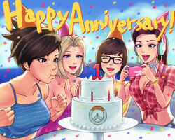  4girls :d ^_^ anniversary blonde_hair blowing blue_eyes breasts brown_hair cake candle casual cleavage closed_eyes collarbone cruiser_d.va d.va_(overwatch) english food freckles front-tie_top glasses hat headphones lipstick makeup mei_(overwatch) mercy_(overwatch) multiple_girls open_mouth outdoors overwatch party_hat ponytail smile tracer_(overwatch) umigraphics 