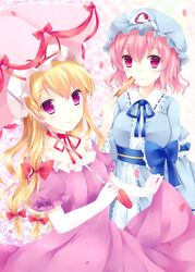  ajiriko bad_id bad_pixiv_id banned_artist blonde_hair breasts cherry_blossoms choker closed_fan dress elbow_gloves fan folding_fan gloves hat japanese_clothes long_hair medium_breasts multiple_girls obi petals pink_eyes pink_hair purple_eyes ribbon ribbon-trimmed_collar ribbon_choker ribbon_trim saigyouji_yuyuko sash short_hair smile star touhou triangular_headpiece umbrella white_gloves yakumo_yukari 