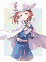  blue_dress braid bridal_gauntlets brown_eyes brown_hair cape commentary_request cowboy_shot cropped_legs dress feathers female floating_hair french_braid happy_birthday hat hat_feather head_tilt long_hair long_sleeves looking_at_viewer makino_(727me727) petals shigemura_yuuna short_dress single_braid smile solo sword_art_online sword_art_online_the_movie:_ordinal_scale white_cape white_feathers white_hat 