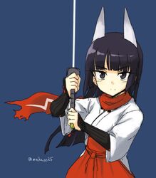  &gt;:( anabuki_tomoko animal_ears armor black_eyes black_hair blue_background commentary_request female fox_ears fox_girl frown holding japanese_armor japanese_clothes katana kote kurokote long_hair looking_at_viewer makaze_(t-junction) simple_background solo strike_witches:_suomus_misfits_squadron sword twitter_username upper_body v-shaped_eyebrows weapon world_witches_series 