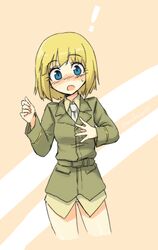  ! :o blonde_hair blue_eyes blush commentary_request cropped_legs female highres jane_t._godfrey long_sleeves makaze_(t-junction) necktie open_mouth short_hair solo strike_witches:_kurenai_no_majo-tachi sweatdrop twitter_username world_witches_series 