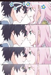  1boy bad_id bad_twitter_id black_hair blue_eyes blush closed_eyes commentary_request couple darling_in_the_franxx face-to-face female green_eyes highres hiro_(darling_in_the_franxx) horns leje39 long_hair looking_at_viewer oni_horns pink_hair star_(symbol) straight zero_two_(darling_in_the_franxx) 