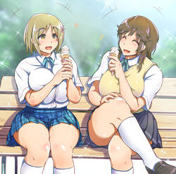  +++ 2girls :d ^_^ amagami beamed_sixteenth_notes bench black_skirt blue_skirt breasts breasts_squeezed_together closed_eyes commentary_request crossed_legs crossover curvy dress_shirt eighth_note food hair_ornament hair_ribbon hand_on_own_knee happy holding holding_food huge_breasts ice_cream ice_cream_cone idolmaster idolmaster_cinderella_girls ikinari_mojio kibito_high_school_uniform kneehighs loafers mimura_kanako multiple_girls musical_note neck_ribbon on_bench open_mouth pleated_skirt plump ribbon sakurai_rihoko school_uniform shirt shoes short_hair short_sleeves side-by-side sitting skirt smile socks soft_serve sparkle sweater_vest thick_thighs thighs trait_connection uniform white_legwear white_shirt 