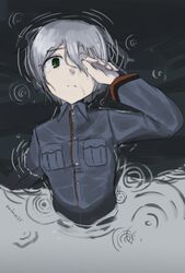  commentary_request female green_eyes grey_hair hand_over_eye highres laura_toth long_sleeves makaze_(t-junction) military military_uniform partially_submerged short_hair solo strike_witches:_katayoku_no_majo-tachi tears twitter_username uniform water wet world_witches_series 