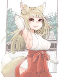  :d absurdres animal_ears armpits blonde_hair blunt_bangs blush breasts commentary elbow_gloves fangs female fox_ears fox_tail gloves hakama hakama_skirt hare_(tetterutei) high-waist_skirt highres japanese_clothes large_breasts long_hair looking_at_viewer miko no_bra nose_blush open_mouth original outdoors red_eyes red_hakama shrine side_slit sideboob skirt smile solo standing tail thick_eyebrows white_gloves 