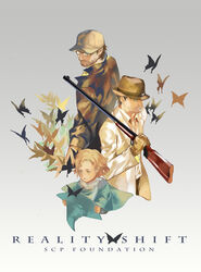  2boys alto_clef back-to-back bad_id bad_pixiv_id baseball_cap beard blonde_hair brown_hair bug butterfly copyright_name english_text facial_hair female glasses gloves gradient_background gray-witch_hai_miko green_eyes gun hat highres kondraki lab_coat moustache multiple_boys open_mouth parted_lips photoshop_(medium) scp-239 scp-408 scp_foundation short_hair smile unworn_hat unworn_headwear weapon witch_hat 