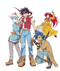  2boys 2girls ahoge belt blue_hair boota_(ttgl) cecilia_lynne_adelhyde cecilia_lynne_adelhyde_(cosplay) coat commentary_request cosplay dress gloves hairband headband jack_van_burace jack_van_burace_(cosplay) jane_maxwell jane_maxwell_(cosplay) jpeg_artifacts kamina_(ttgl) long_hair multiple_boys multiple_girls nia_teppelin rody_roughnight rody_roughnight_(cosplay) shirt short_hair simon_(ttgl) tengen_toppa_gurren_lagann wild_arms wild_arms_1 yoko_littner 