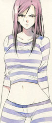  agahari bad_id bad_pixiv_id breasts collarbone commentary_request cowboy_shot crop_top female groin kurihara_mari_(prison_school) long_hair looking_at_viewer lowleg medium_breasts midriff navel prison_clothes prison_school purple_eyes purple_hair shirt simple_background solo striped_clothes striped_shirt swept_bangs traditional_media white_background 