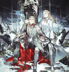  2boys blonde_hair blue_eyes boots coat commentary crossed_legs crown elf father_and_son leaf legolas long_hair looking_at_viewer male_focus manly multiple_boys pants photoshop_(medium) pointy_ears sitting snow snowing standing starshadowmagician the_hobbit thranduil throne tolkien&#039;s_legendarium tree 