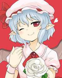  bat_wings blue_hair bow brooch commentary_request female flower hat hat_bow highres jewelry mob_cap nail_polish oerba_yun_fang one_eye_closed pointy_ears red_background red_eyes red_nails remilia_scarlet rose solo toto_(hitori_othello) touhou white_flower white_rose wings 