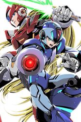  2boys alternate_design android arm_cannon beam_saber blonde_hair blue_eyes brown_hair commentary_request energy_blade energy_sword fujino_yuuki green_eyes highres holding holding_weapon joints long_hair male_focus mega_man_(series) mega_man_x_(series) multiple_boys open_mouth ponytail robot_joints serious simple_background sword teeth very_long_hair weapon white_background x_(mega_man) z_saber zero_(mega_man) 