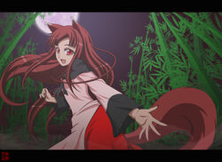  animal_ears anime_coloring bamboo bamboo_forest beckoning brown_hair commentary_request derivative_work dress female fingernails forest full_moon highres imaizumi_kagerou letterboxed long_hair looking_at_viewer moon nature night oerba_yun_fang open_hand open_mouth outstretched_arm photoshop_(medium) red_eyes sharp_fingernails solo spice_and_wolf spread_fingers tail touhou wide_sleeves wolf_ears wolf_tail woofey 