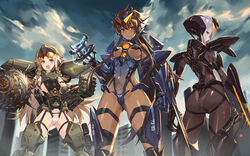  3girls :d armor ass ass_visible_through_thighs bodysuit bracer_phoenix braid breasts brown_eyes brown_hair commentary covered_navel cyborg dark-skinned_female dark_skin day electricity electrokinesis from_behind from_below garter_straps gauntlets gipsy_avenger greaves gun headgear highres jaeger_(pacific_rim) leotard long_hair looking_back low_ponytail mecha_musume medium_breasts multicolored_hair multiple_girls obsidian_fury open_mouth orange_eyes outdoors pacific_rim pacific_rim:_uprising personification profile science_fiction short_hair shoshinsha_mark sidelocks sigm@ silver_hair sky smile streaked_hair thigh_strap thighhighs twin_braids underboob very_long_hair visor weapon 