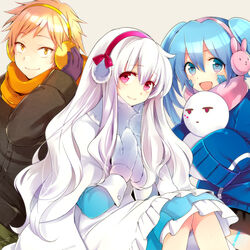  1boy 2girls blonde_hair blue_eyes blue_hair coat commentary_request ene_(kagerou_project) gloves kagerou_project kano_shuuya kozakura_marry long_hair multiple_girls ocha_(hutuumikan) photoshop_(medium) purple_eyes scarf short_hair snowman white_hair yellow_eyes 