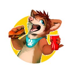  1:1 2018 anthro beverage bib blue_eyes brown_body brown_fur brown_hair burger canid canine canis cheek_tuft domestic_dog ear_tuft eating facial_tuft fangs food fox4 fur hair holding_object kiggles looking_up male mammal mostly_nude multicolored_body multicolored_fur open_mouth pink_nose simple_background solo teeth tongue tuft two_tone_body two_tone_fur white_background 