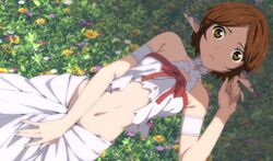  asuna_(sao) brown_hair commentary_request cosplay ear_covers elf eyefly18 fairy flower grass headshop lying on_back pointy_ears sawabe_tsubaki shaded_face shadow shigatsu_wa_kimi_no_uso short_hair skirt sword_art_online third-party_edit titania_(sao) titania_(sao)_(cosplay) 