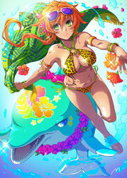  animal_print anklet armlet armpits beast_battle_chronicle_zero bikini blue_eyes blush bracelet breasts commentary_request dolphin earrings eyewear_on_head female flipped_hair flower flower_necklace freediving fringe_trim gradient_background green_eyes green_sarong hair_between_eyes halterneck helga_(beast_battle_chronicle_zero) hibiscus holding holding_breath hoop_earrings jewelry large_breasts leaf_print leg_lift lei leopard_print lipstick long_hair makeup nail_polish navel o-ring o-ring_bikini o-ring_top orange_hair outstretched_arms pendant print_bikini print_sarong ring sandals sarong sasakinano side-tie_bikini_bottom solo sparkle star_(symbol) string_bikini sunglasses swimming swimsuit tattoo teeth toenail_polish toenails underwater unworn_sarong water yellow_bikini 