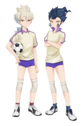  2boys bad_id bad_pixiv_id ball blue_hair buruma crossed_arms hakuryuu_(inazuma_eleven) halilmyo inazuma_eleven_(series) inazuma_eleven_go long_hair male_focus multicolored_hair multiple_boys ponytail red_eyes simple_background soccer_ball standing telstar tsurugi_kyousuke two-tone_hair white_background yellow_eyes 