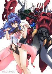  :d alfimi blue_hair bracelet character_name claws commentary_request earrings einst facial_mark female haganef highres jewelry katana long_hair mask mecha midriff navel open_mouth persoenlichkeit photoshop_(medium) red_eyes robot see-through simple_background skirt smile super_robot_wars super_robot_wars_original_generation sword tentacle_limbs weapon white_background 